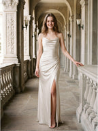 Ivory Satin Sheath Cowl Neck Back Zip Floor-Length Bridesmaid Dress with Pleated Skirt - Curvevia