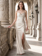 Ivory Satin Sheath Cowl Neck Back Zip Floor-Length Bridesmaid Dress with Pleated Skirt - Curvevia