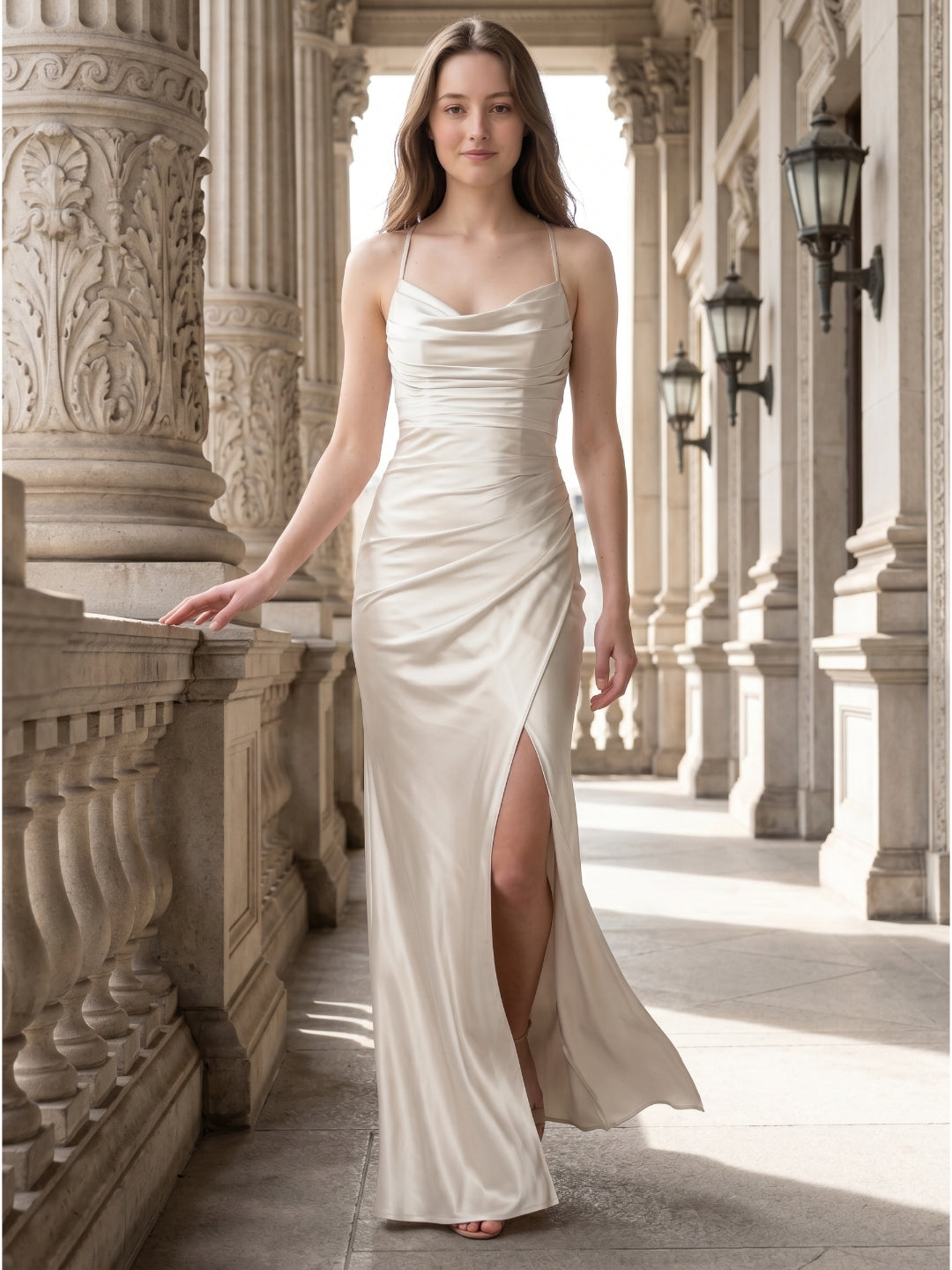 Ivory Satin Sheath Cowl Neck Back Zip Floor-Length Bridesmaid Dress with Pleated Skirt - Curvevia