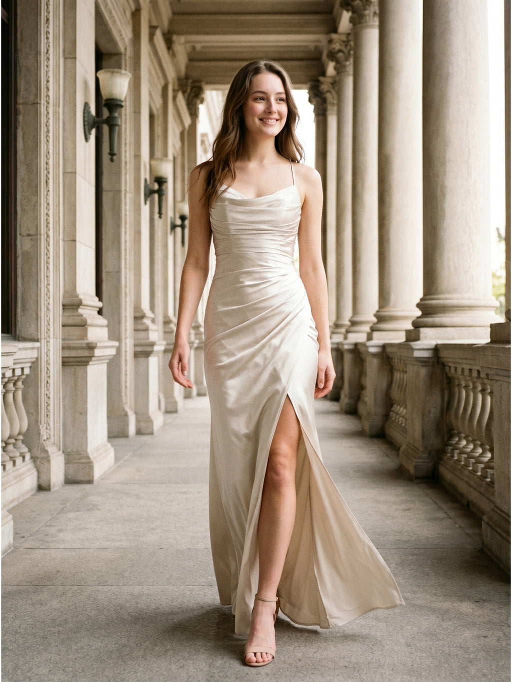 Ivory Satin Sheath Cowl Neck Back Zip Floor-Length Bridesmaid Dress with Pleated Skirt - Curvevia