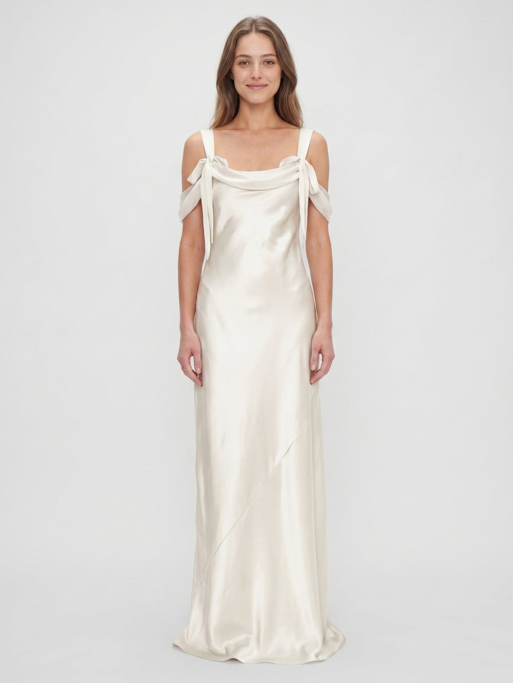 Ivory Satin Sheath Cowl Neck Backless Floor-Length Bridesmaid Dress - Curvevia