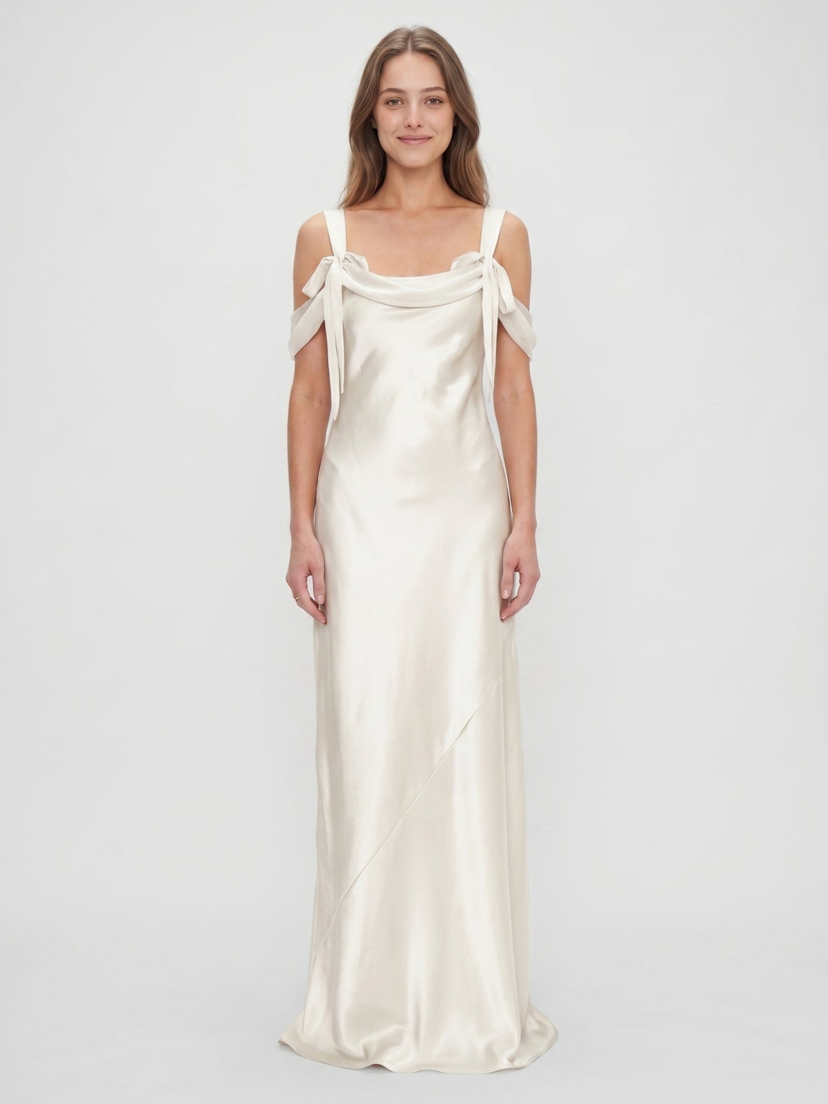 Ivory Satin Sheath Cowl Neck Backless Floor-Length Bridesmaid Dress - Curvevia