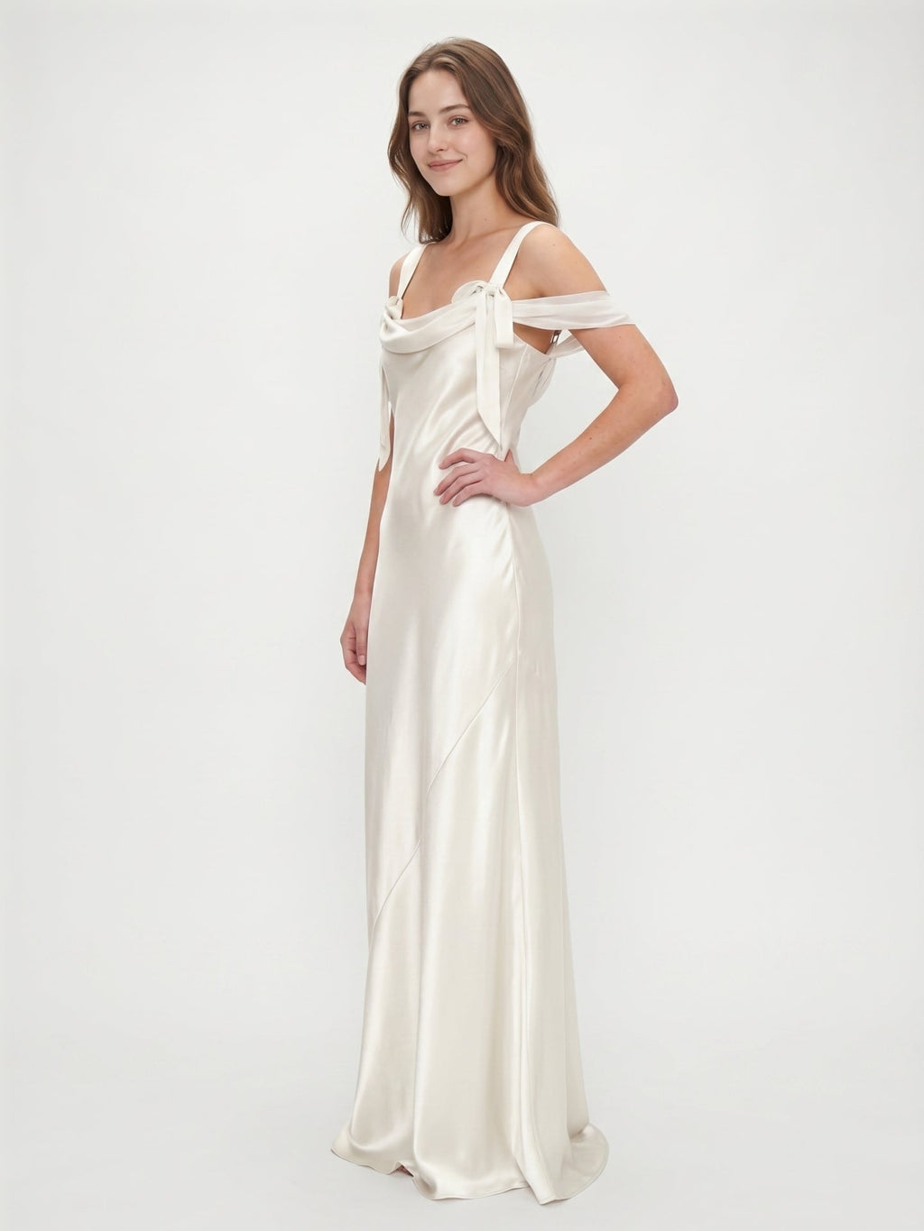 Ivory Satin Sheath Cowl Neck Backless Floor-Length Bridesmaid Dress - Curvevia