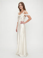 Ivory Satin Sheath Cowl Neck Backless Floor-Length Bridesmaid Dress - Curvevia