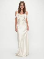 Ivory Satin Sheath Cowl Neck Backless Floor-Length Bridesmaid Dress - Curvevia