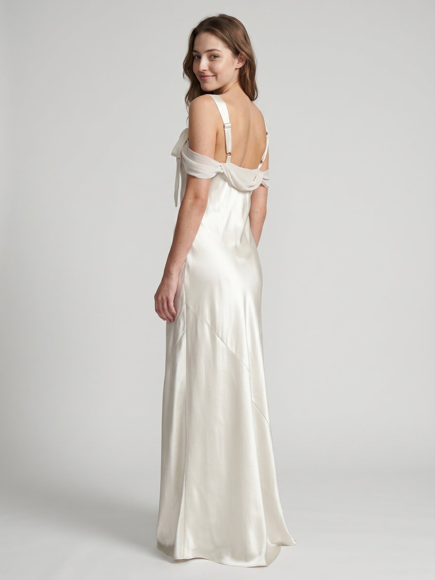 Ivory Satin Sheath Cowl Neck Backless Floor-Length Bridesmaid Dress - Curvevia