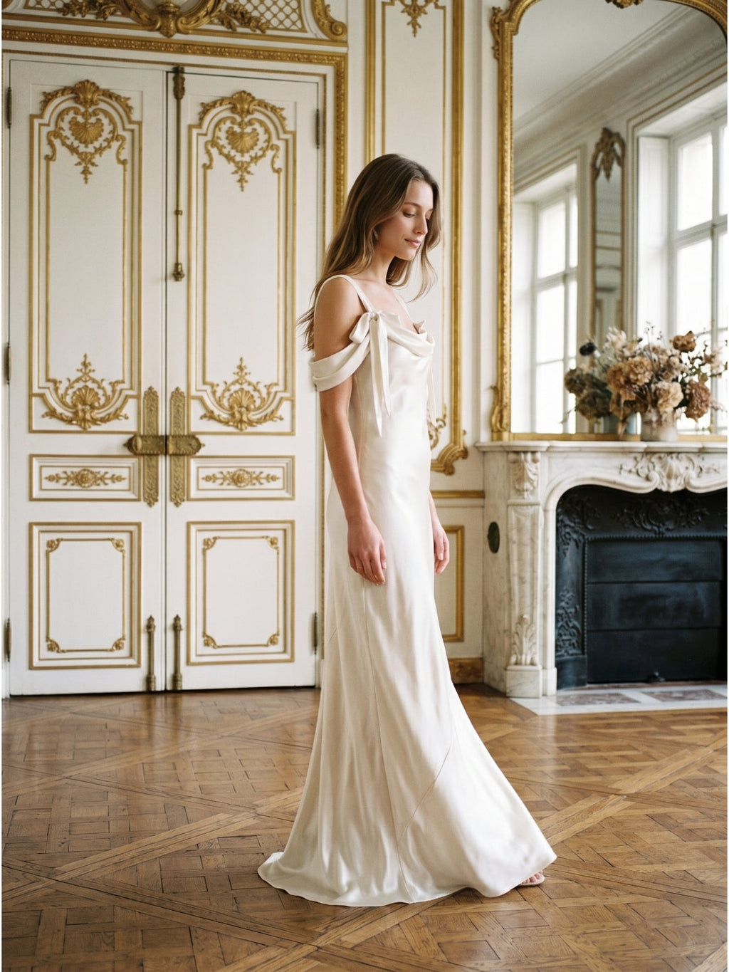 Ivory Satin Sheath Cowl Neck Backless Floor-Length Bridesmaid Dress - Curvevia
