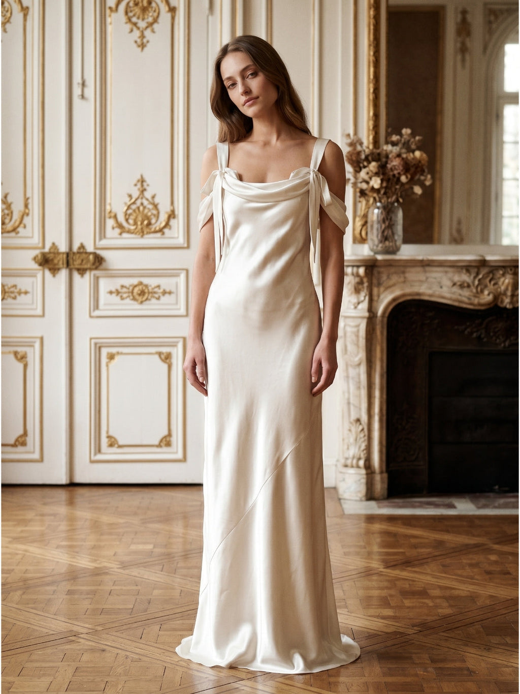 Ivory Satin Sheath Cowl Neck Backless Floor-Length Bridesmaid Dress - Curvevia