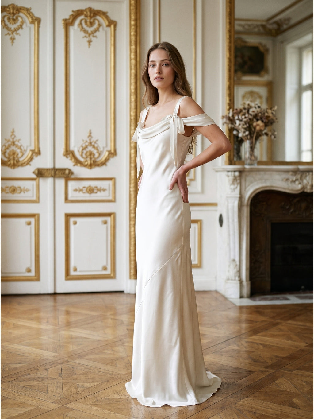 Ivory Satin Sheath Cowl Neck Backless Floor-Length Bridesmaid Dress - Curvevia