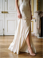 Ivory Satin Sheath Cowl Neck Backless Floor-Length Bridesmaid Dress - Curvevia