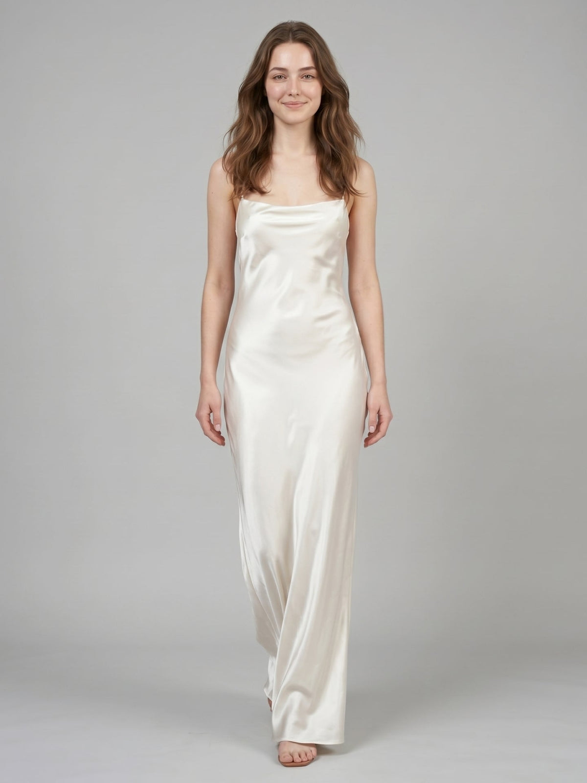 Ivory Satin Sheath Cowl Neck Lace-up Floor-Length Bridesmaid Dress - Curvevia