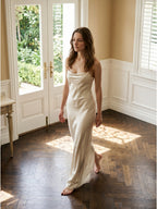 Ivory Satin Sheath Cowl Neck Lace-up Floor-Length Bridesmaid Dress - Curvevia