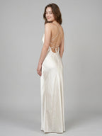 Ivory Satin Sheath Cowl Neck Lace-up Floor-Length Bridesmaid Dress - Curvevia