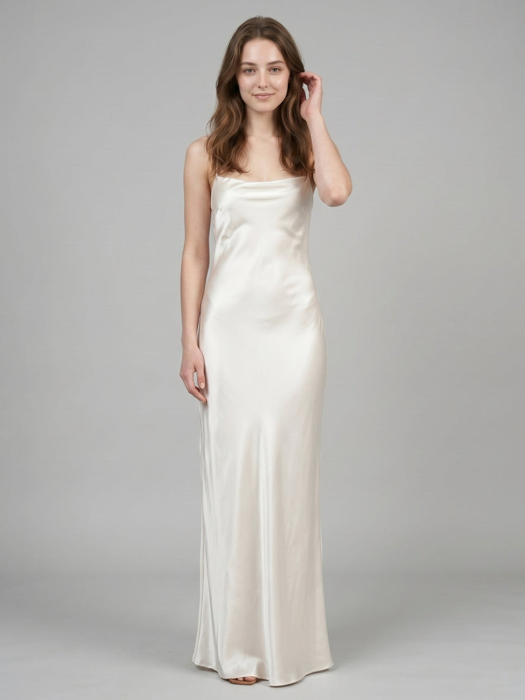 Ivory Satin Sheath Cowl Neck Lace-up Floor-Length Bridesmaid Dress - Curvevia