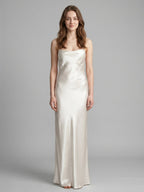 Ivory Satin Sheath Cowl Neck Lace-up Floor-Length Bridesmaid Dress - Curvevia
