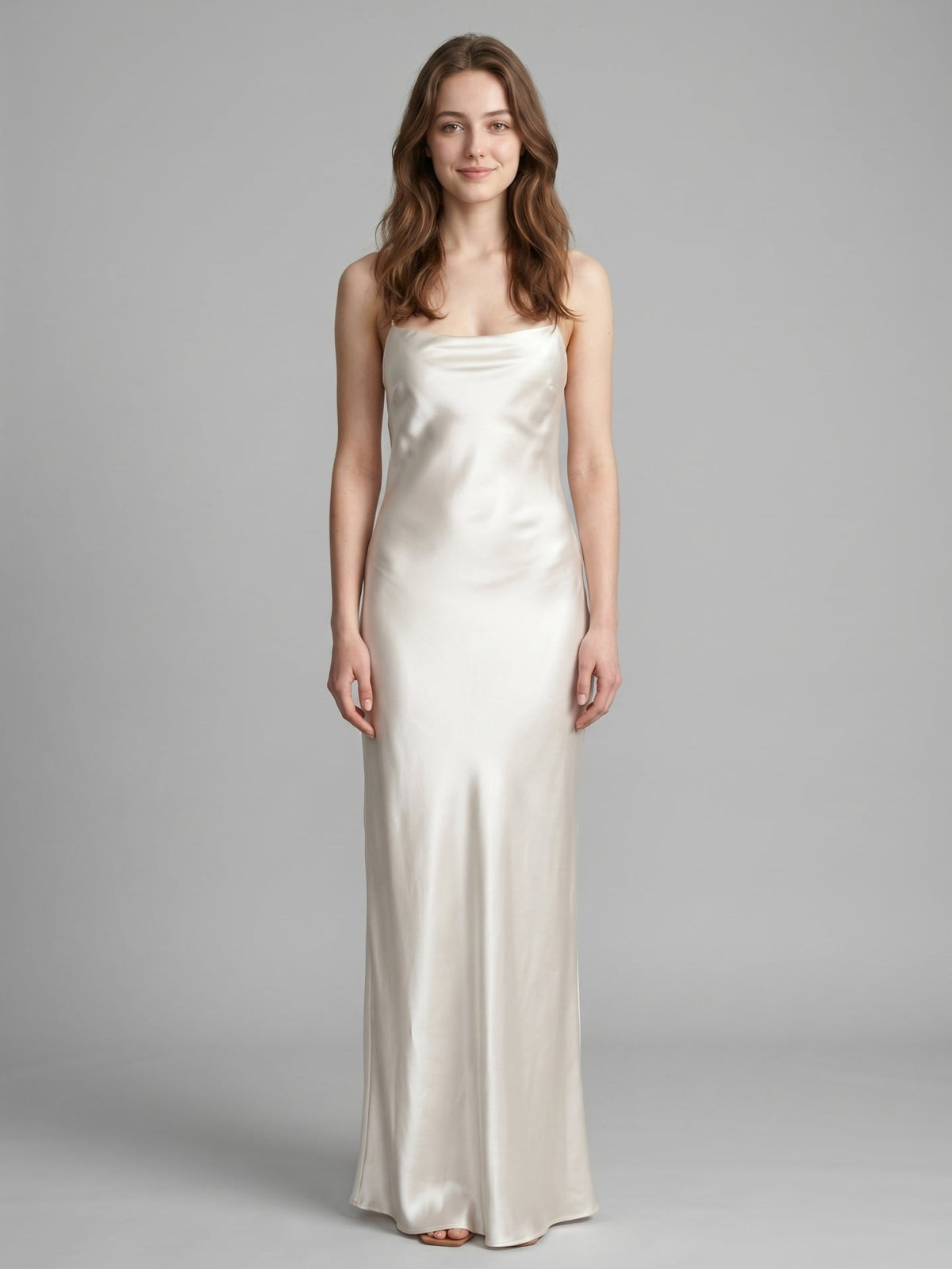 Ivory Satin Sheath Cowl Neck Lace-up Floor-Length Bridesmaid Dress - Curvevia
