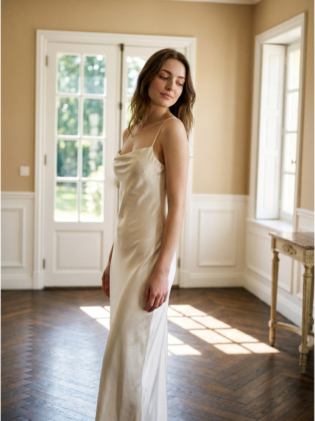 Ivory Satin Sheath Cowl Neck Lace-up Floor-Length Bridesmaid Dress - Curvevia