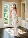 Ivory Satin Sheath Cowl Neck Lace-up Floor-Length Bridesmaid Dress - Curvevia