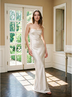 Ivory Satin Sheath Cowl Neck Lace-up Floor-Length Bridesmaid Dress - Curvevia
