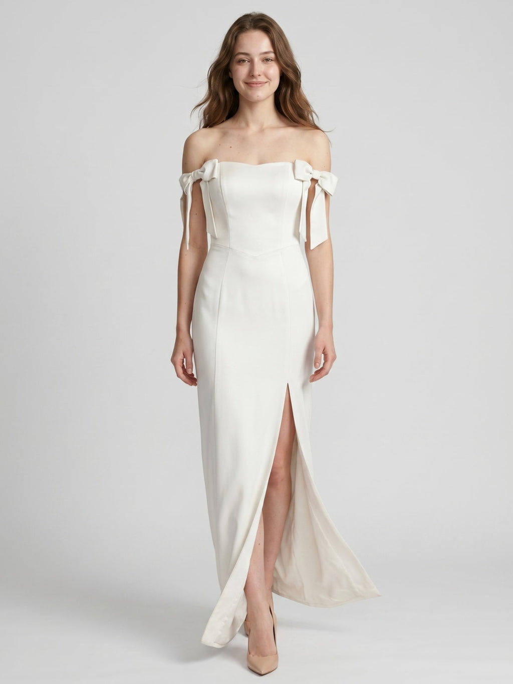 Ivory Satin Sheath Off-the-Shoulder Backless Floor-Length Bridesmaid Dress with Bow - Curvevia