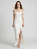 Ivory Satin Sheath Off-the-Shoulder Backless Floor-Length Bridesmaid Dress with Bow - Curvevia