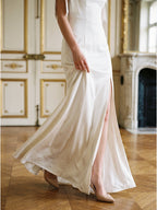 Ivory Satin Sheath Off-the-Shoulder Backless Floor-Length Bridesmaid Dress with Bow - Curvevia