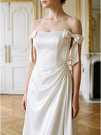 Ivory Satin Sheath Off-the-Shoulder Backless Floor-Length Bridesmaid Dress with Bow - Curvevia