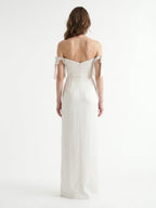Ivory Satin Sheath Off-the-Shoulder Backless Floor-Length Bridesmaid Dress with Bow - Curvevia