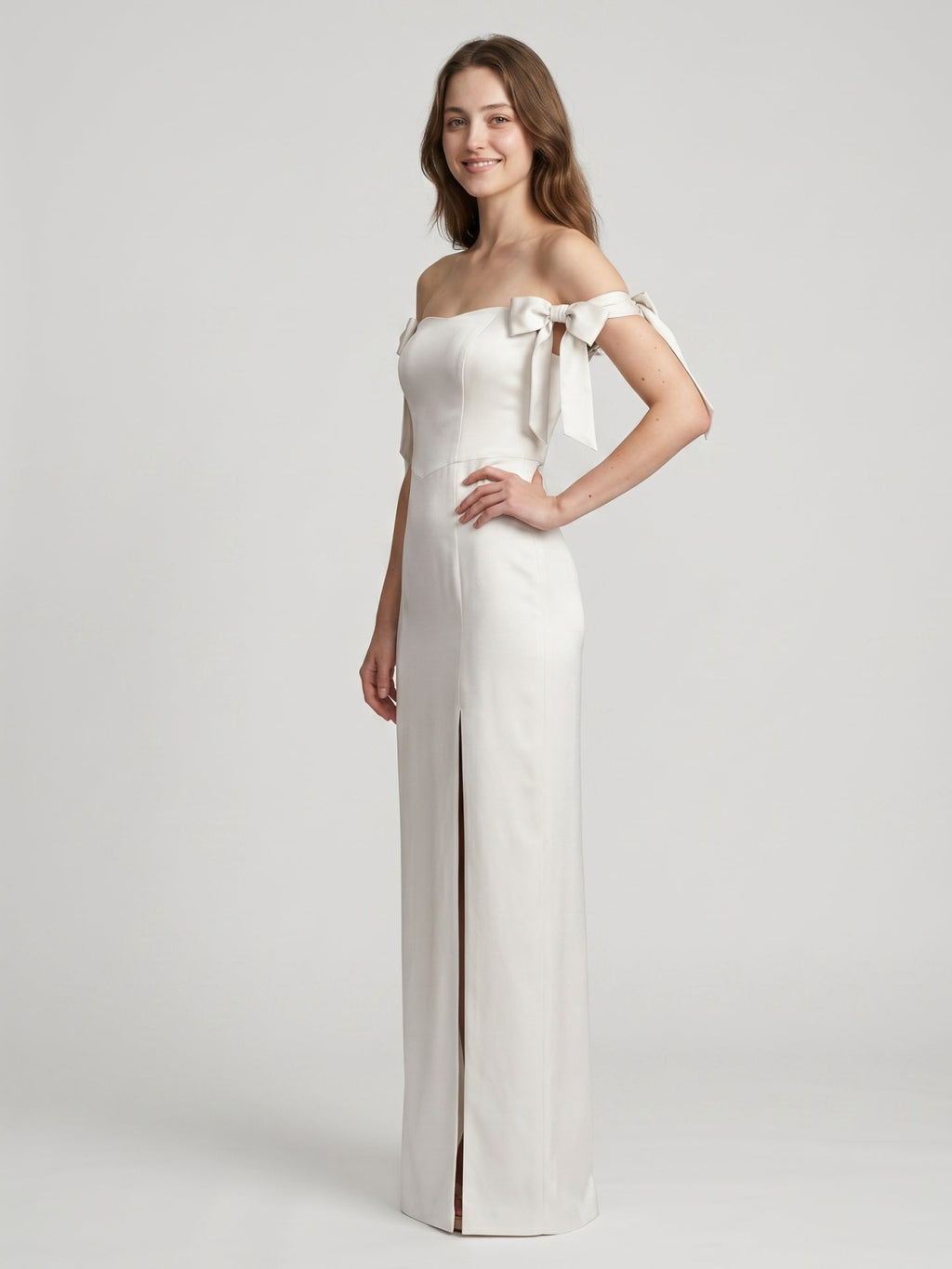 Ivory Satin Sheath Off-the-Shoulder Backless Floor-Length Bridesmaid Dress with Bow - Curvevia