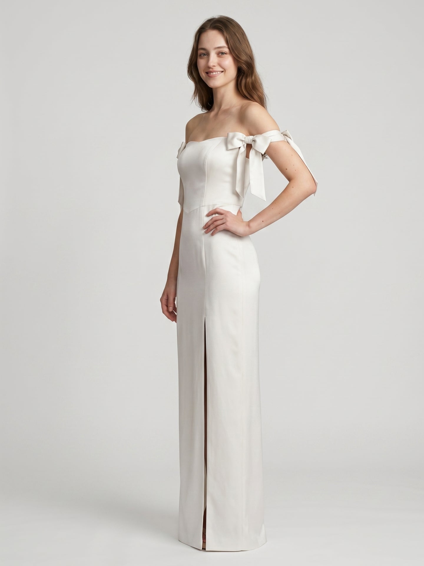 Ivory Satin Sheath Off-the-Shoulder Backless Floor-Length Bridesmaid Dress with Bow - Curvevia
