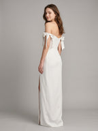 Ivory Satin Sheath Off-the-Shoulder Backless Floor-Length Bridesmaid Dress with Bow - Curvevia