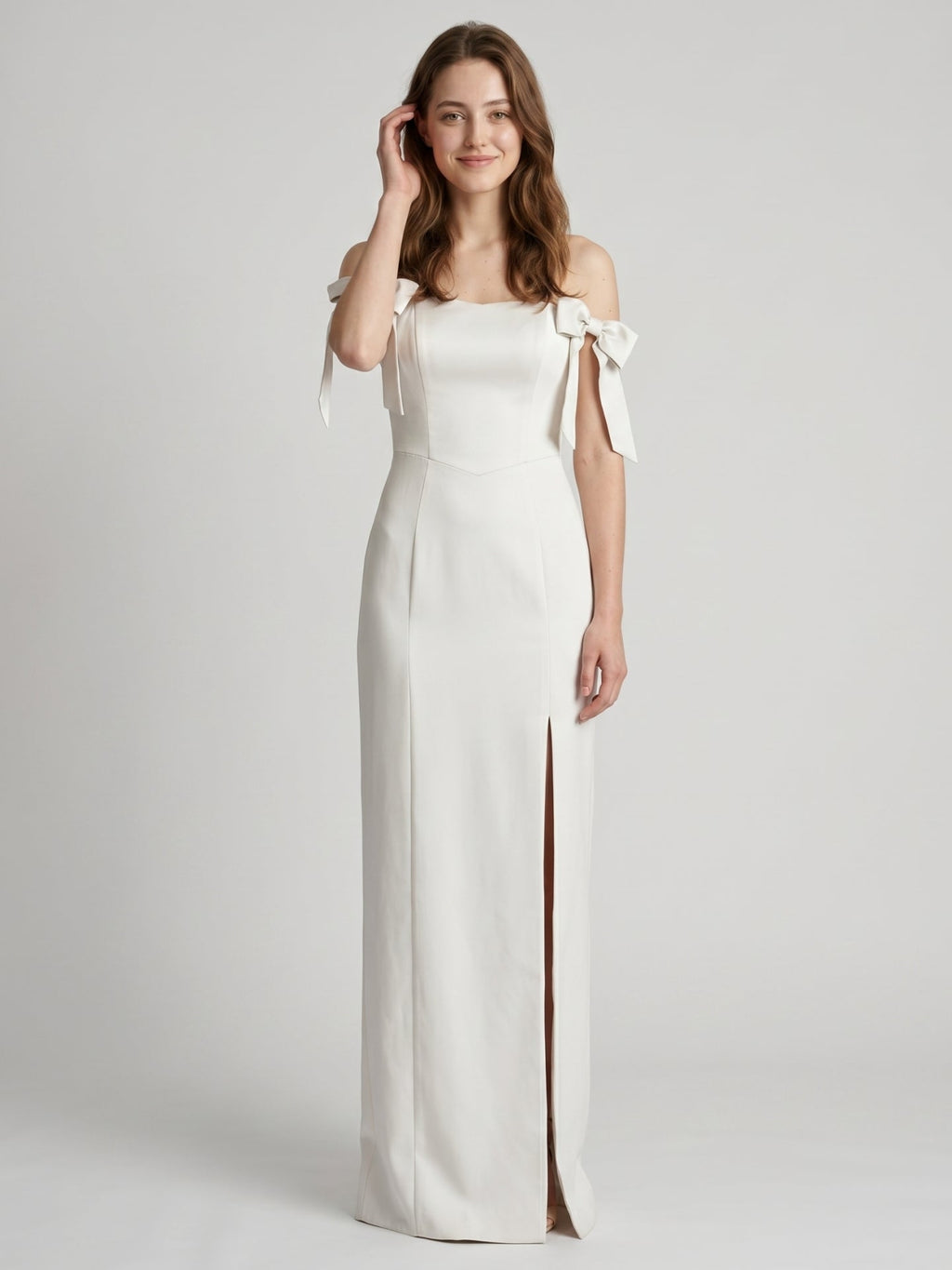 Ivory Satin Sheath Off-the-Shoulder Backless Floor-Length Bridesmaid Dress with Bow - Curvevia