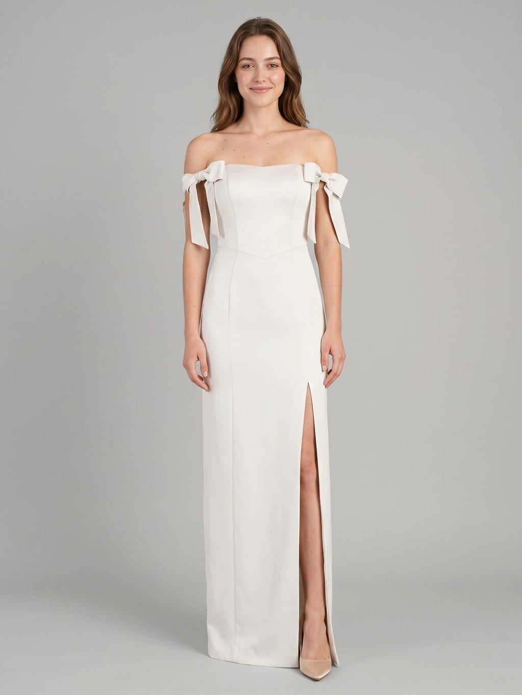 Ivory Satin Sheath Off-the-Shoulder Backless Floor-Length Bridesmaid Dress with Bow - Curvevia