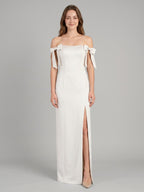 Ivory Satin Sheath Off-the-Shoulder Backless Floor-Length Bridesmaid Dress with Bow - Curvevia