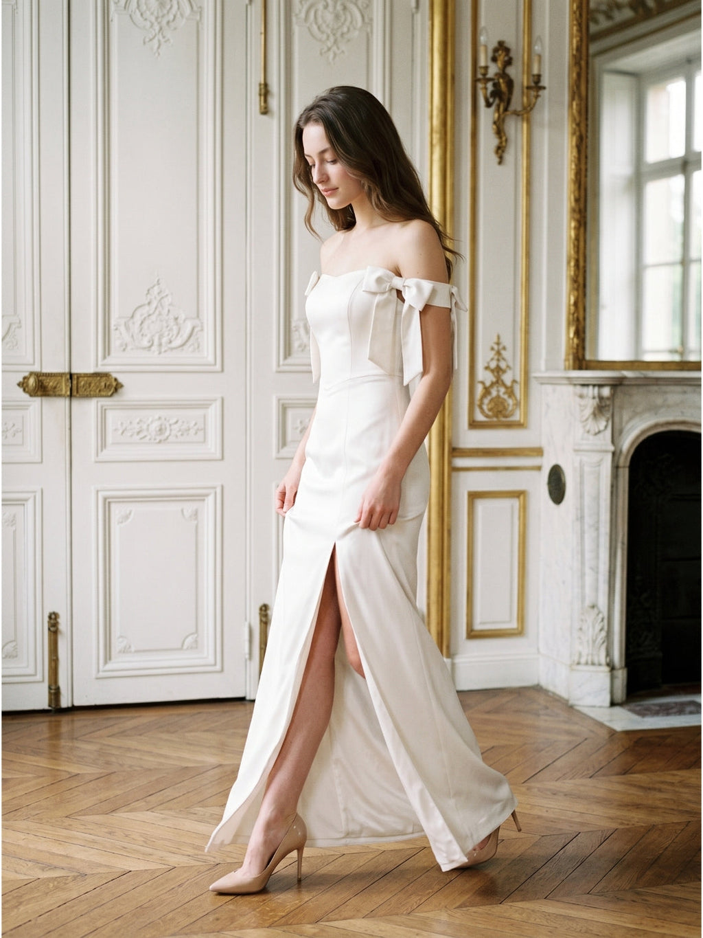 Ivory Satin Sheath Off-the-Shoulder Backless Floor-Length Bridesmaid Dress with Bow - Curvevia