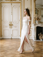 Ivory Satin Sheath Off-the-Shoulder Backless Floor-Length Bridesmaid Dress with Bow - Curvevia