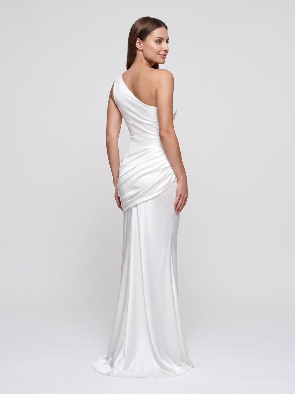 Ivory Satin Sheath One Shoulder Floor-Length Dress - Curvevia