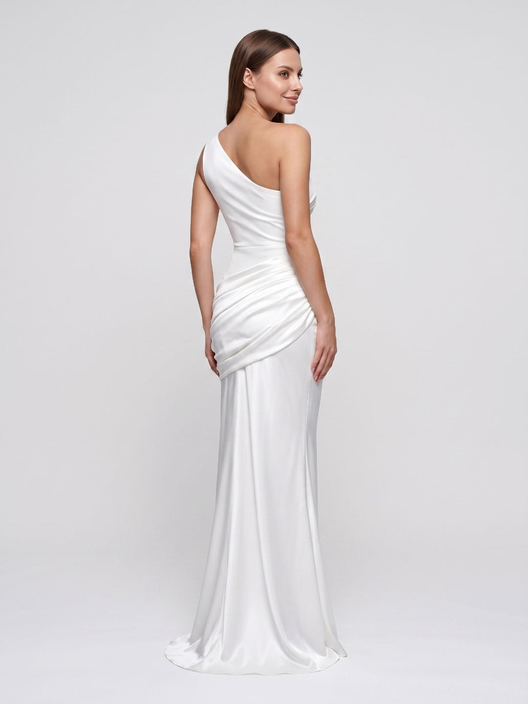 Ivory Satin Sheath One Shoulder Floor-Length Dress - Curvevia