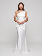 Ivory Satin Sheath One Shoulder Floor-Length Dress - Curvevia