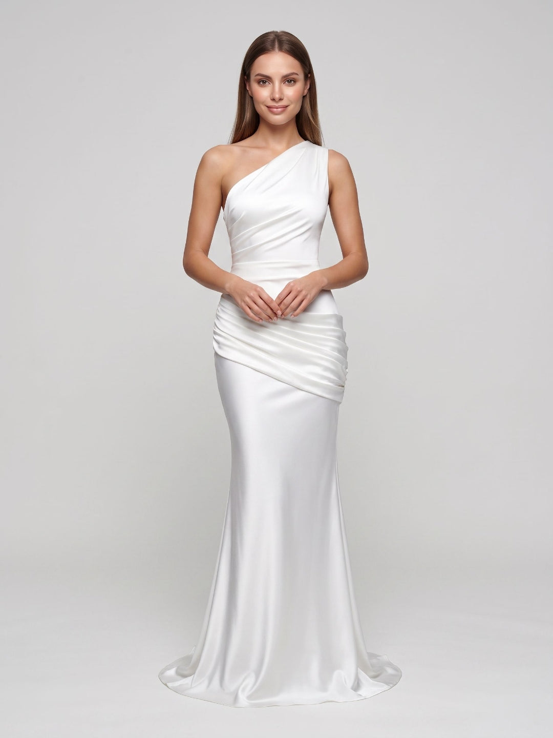 Ivory Satin Sheath One Shoulder Floor-Length Dress - Curvevia