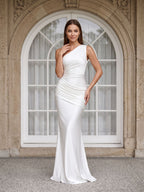 Ivory Satin Sheath One Shoulder Floor-Length Dress - Curvevia