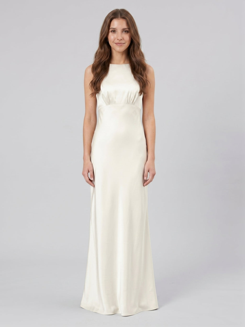 Ivory Satin Sheath Scoop Neck Back Zip Floor-Length Bridesmaid Dress - Curvevia