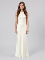 Ivory Satin Sheath Scoop Neck Back Zip Floor-Length Bridesmaid Dress - Curvevia