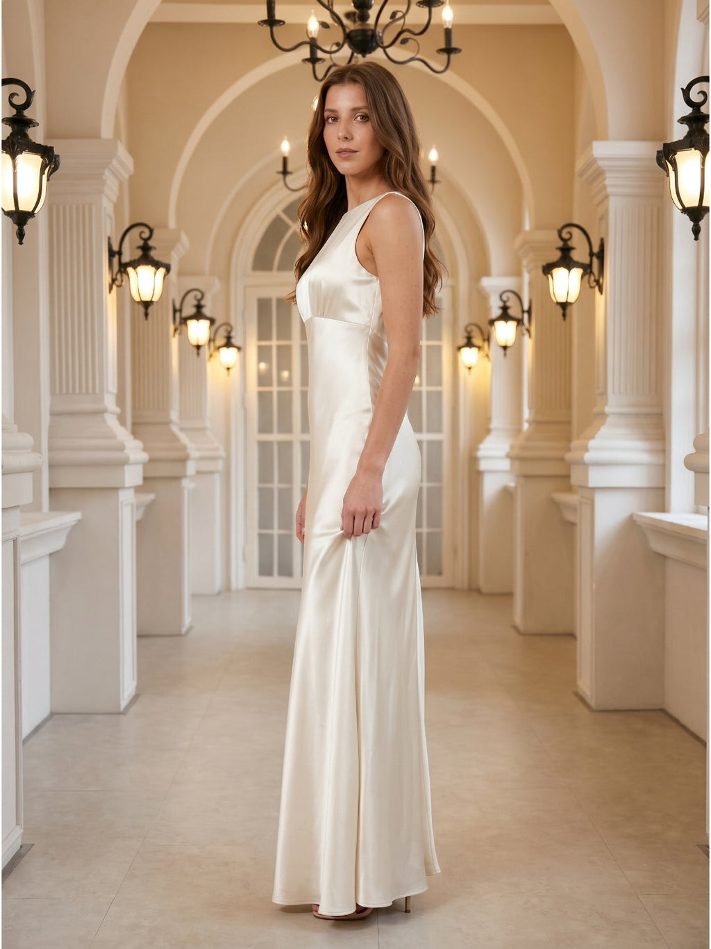 Ivory Satin Sheath Scoop Neck Back Zip Floor-Length Bridesmaid Dress - Curvevia