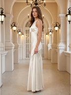 Ivory Satin Sheath Scoop Neck Back Zip Floor-Length Bridesmaid Dress - Curvevia