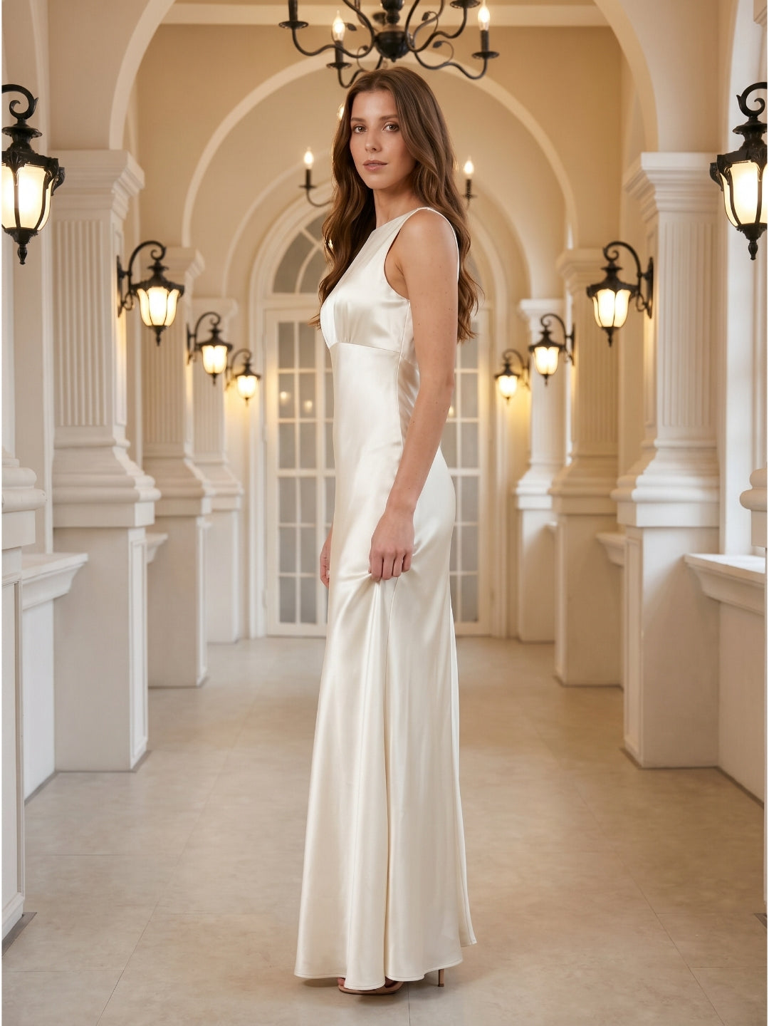 Ivory Satin Sheath Scoop Neck Back Zip Floor-Length Bridesmaid Dress - Curvevia