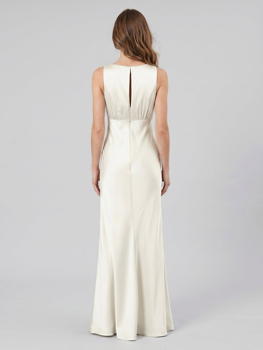 Ivory Satin Sheath Scoop Neck Back Zip Floor-Length Bridesmaid Dress - Curvevia