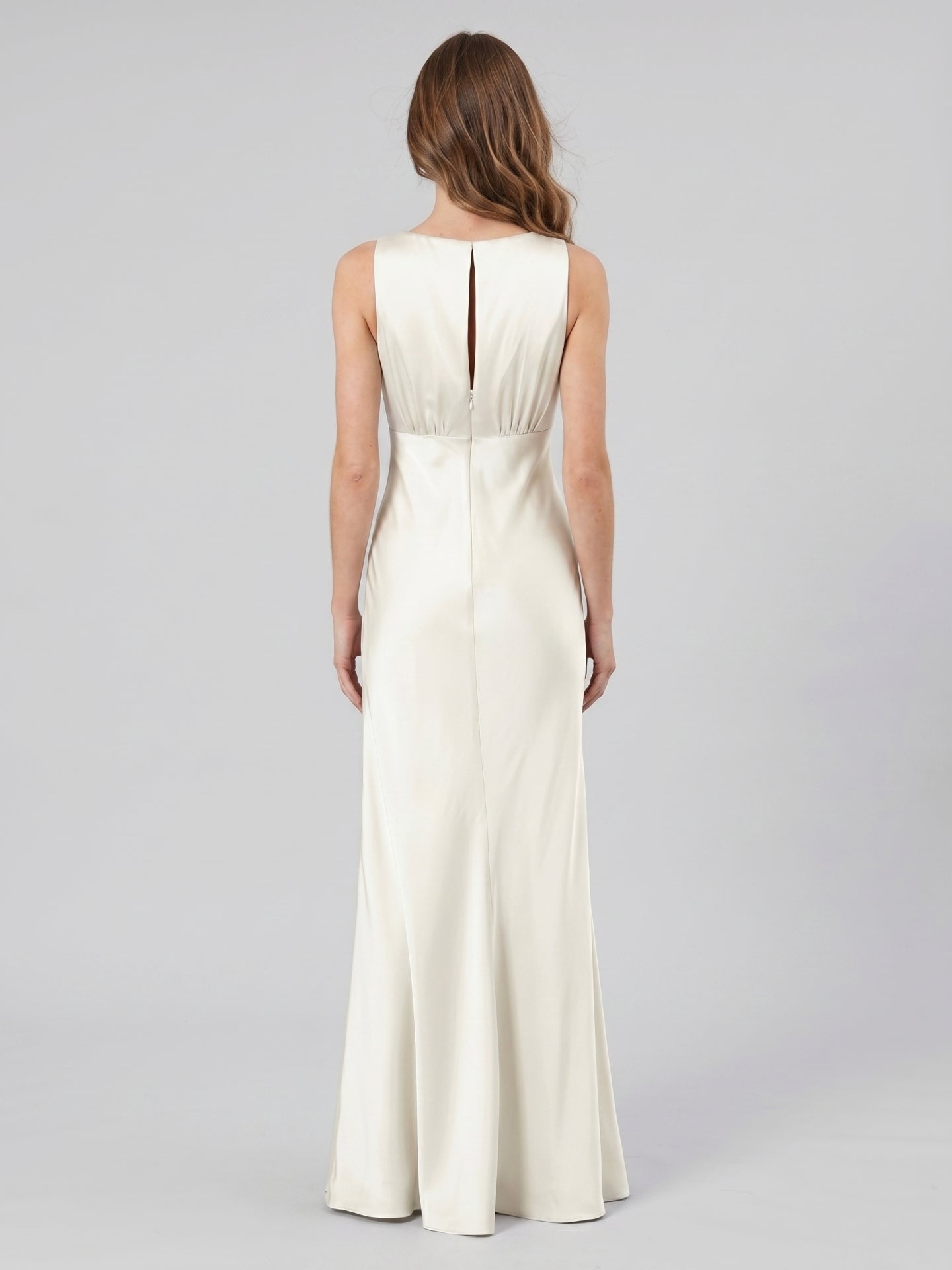 Ivory Satin Sheath Scoop Neck Back Zip Floor-Length Bridesmaid Dress - Curvevia