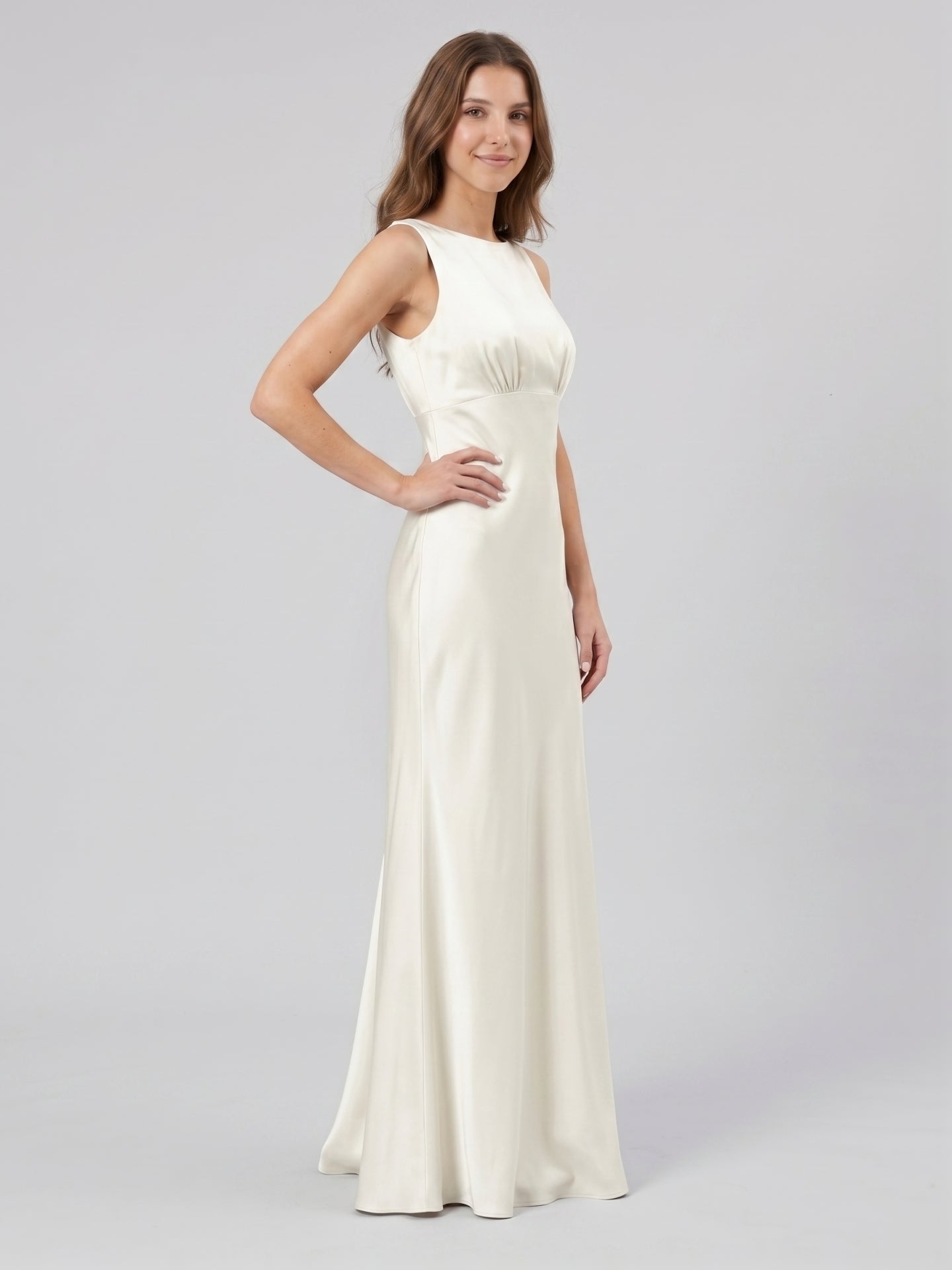 Ivory Satin Sheath Scoop Neck Back Zip Floor-Length Bridesmaid Dress - Curvevia