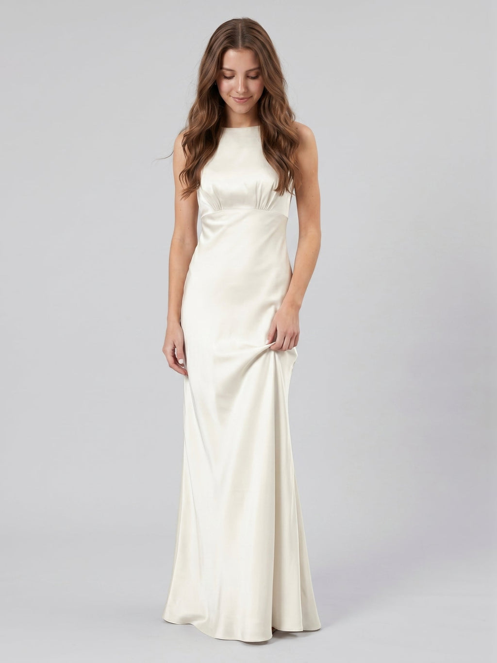 Ivory Satin Sheath Scoop Neck Back Zip Floor-Length Bridesmaid Dress - Curvevia